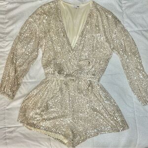 Fashion Nova Long Sleeve Sequin Romper - Silver